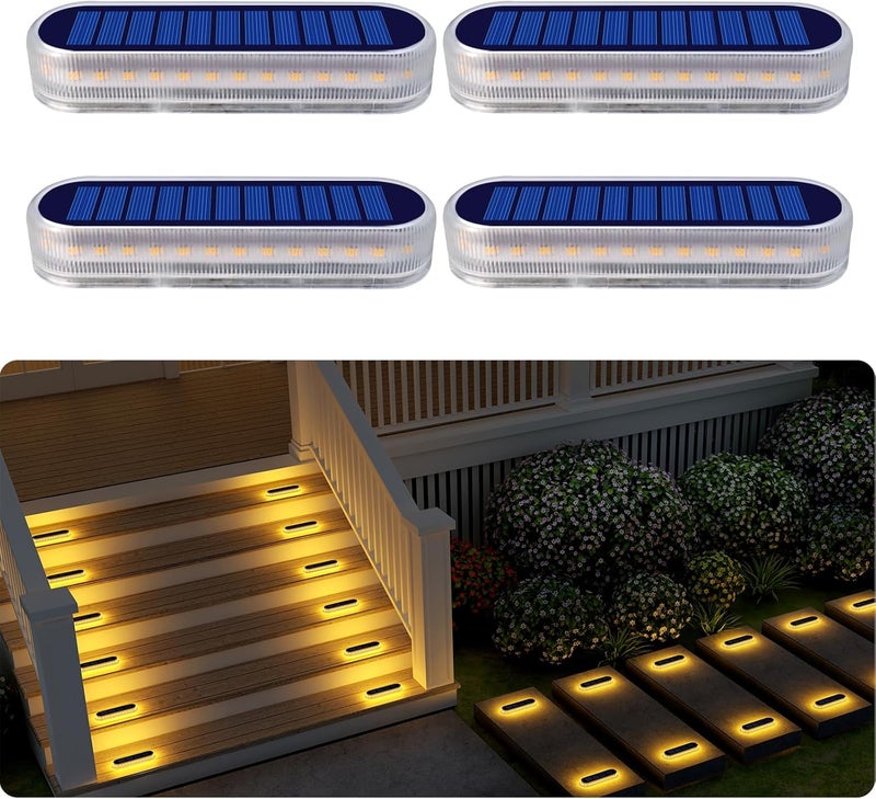 DetarZinLED Solar Step Lights Outdoor Waterproof LED, 4 Pack Warm White Flat Solar Powered Deck Lights for Outside, Stick on Light Bar for Stair, Dock, Patio, Garden, Path, Walkway, Driveway, Porch - Image 1